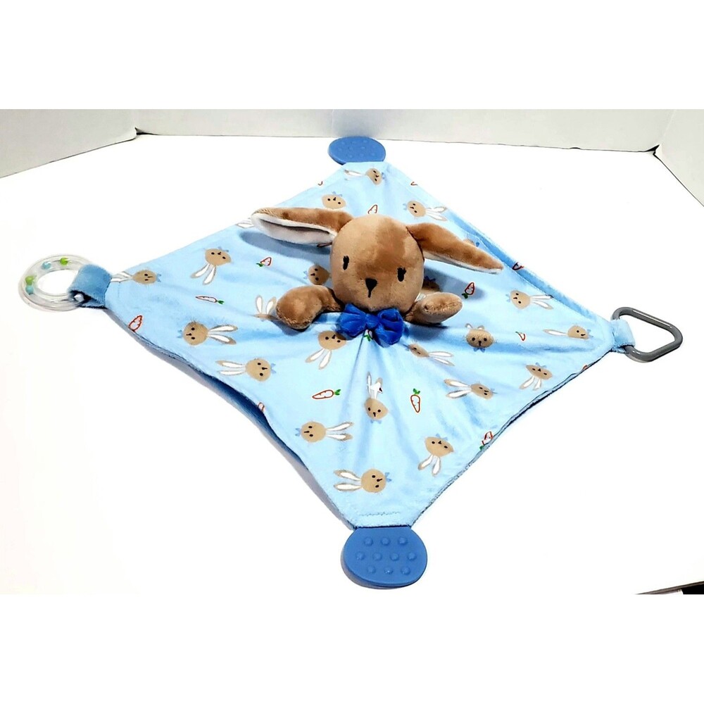 Modern Baby Plush Brown Bunny & Carrots Lovey Security Blanket Rattle 20x20 Soft